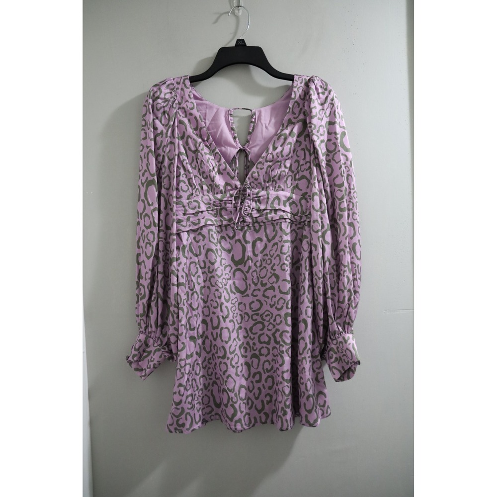 For Love & Lemons June Mini Dress Long Sleeve Purple Leopard Print‎ Tie Back